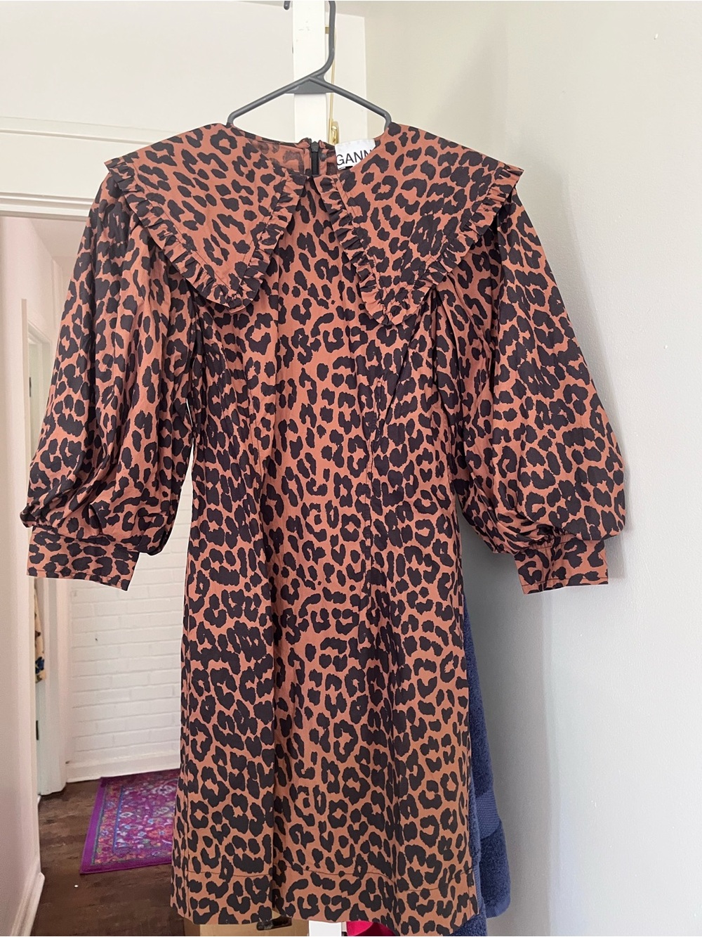 Ganni Brown & Black Leopard Puff Sleeve Dress with Statement Collar
